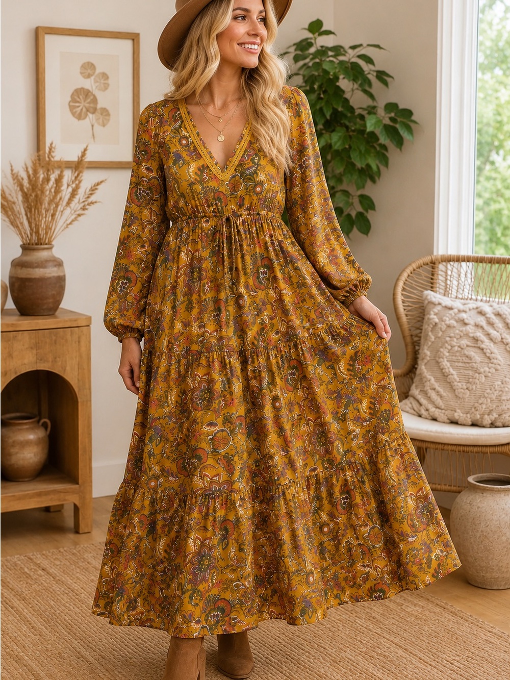 Cost Plus World Market Mustard Paisley Boho Maxi Dress